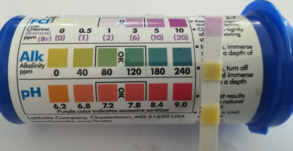 hot tub test strip showing low ph